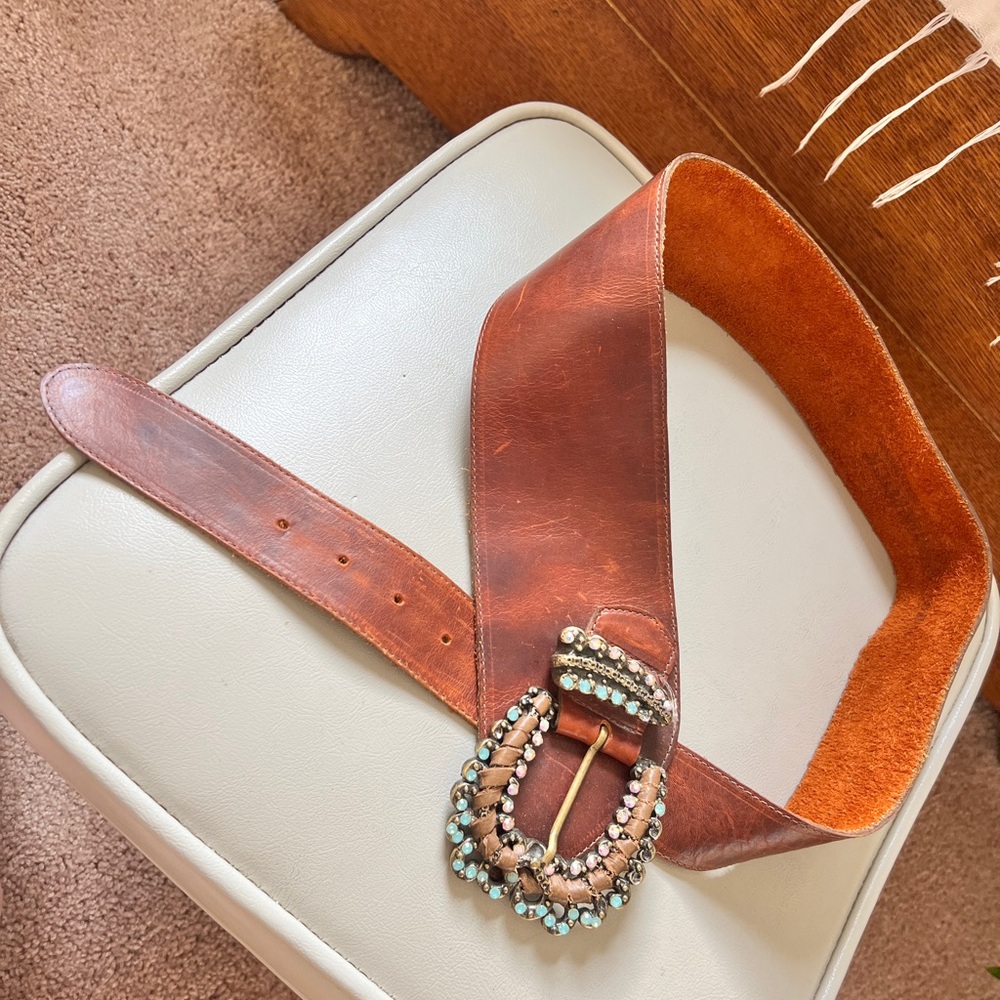 Leatherock Brown Belt with Turquoise Beaded Buckle